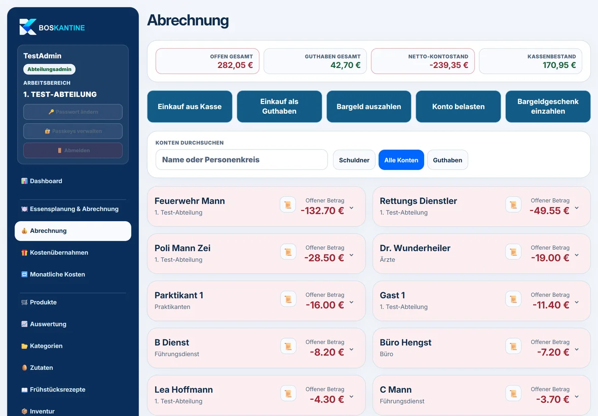Verwaltungsansicht der Abrechnung mit Kassenbestand, Personenkonten und Buchungsaktionen
