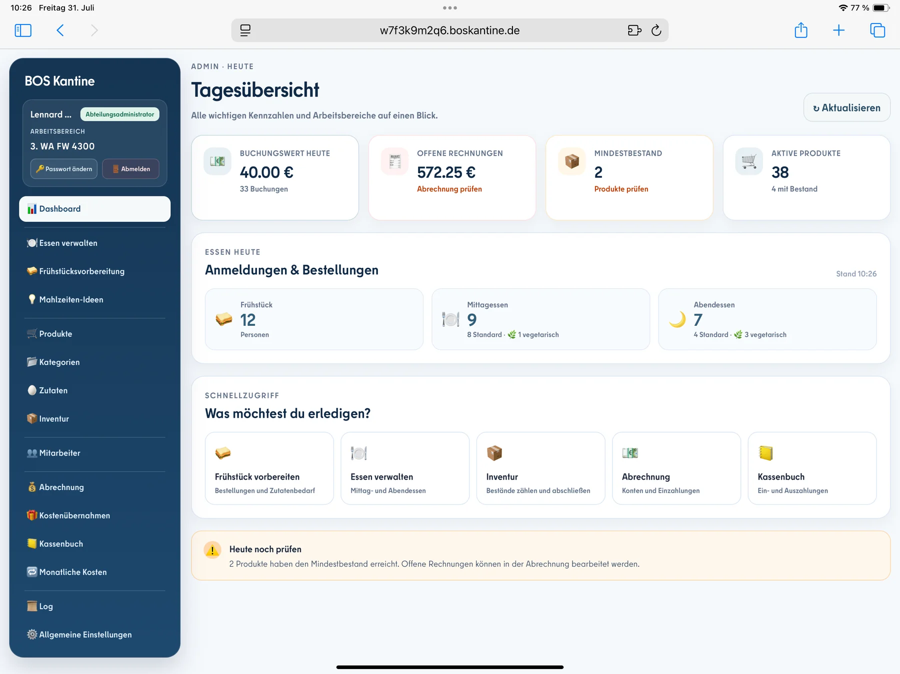Echte Tagesübersicht der BOS Kantine WebApp