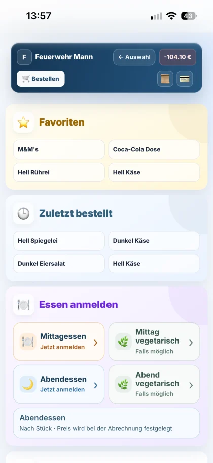 Echte Smartphone-Ansicht mit Testprofil: Favoriten, zuletzt bestellt und Essensanmeldung