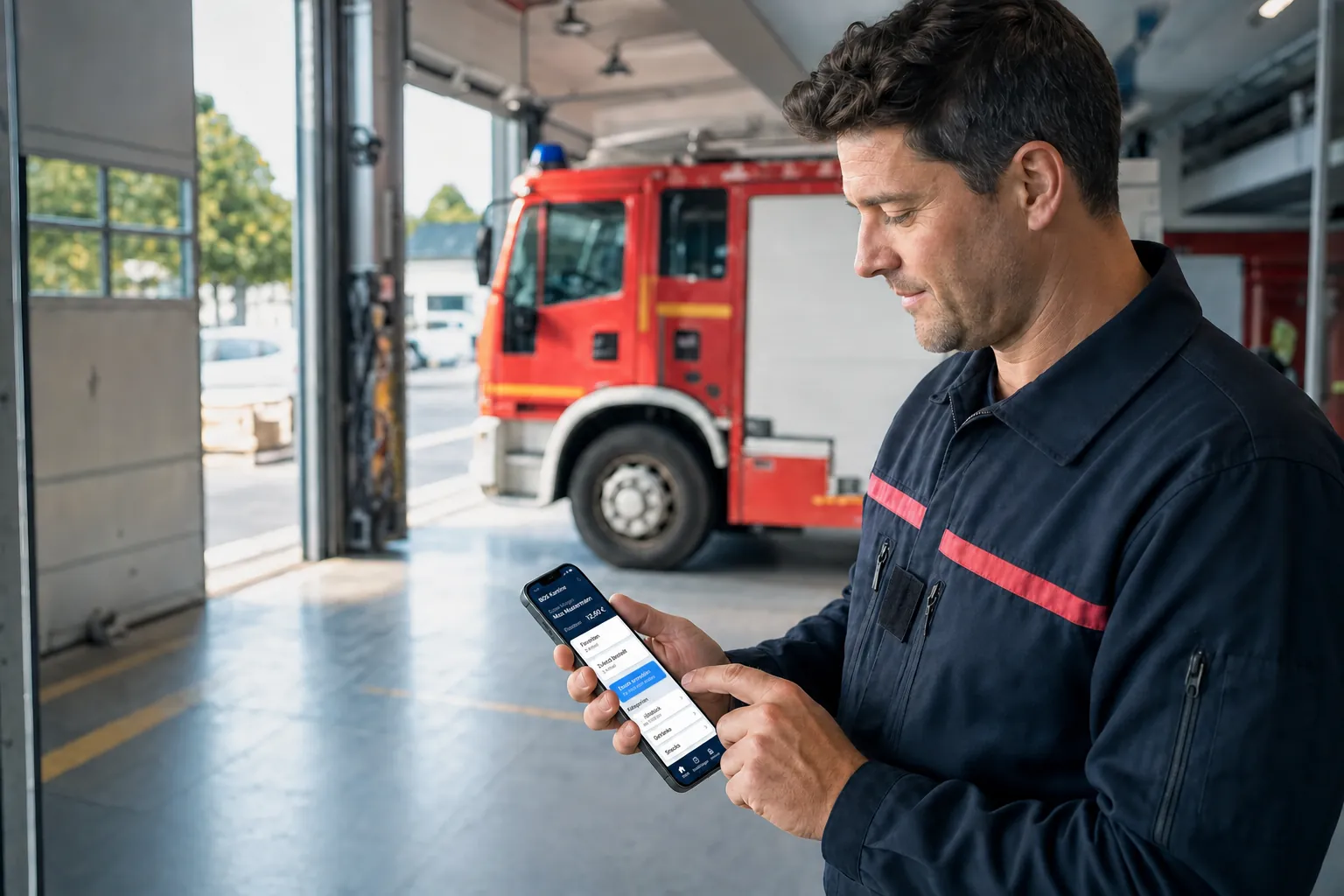 Feuerwehrangehöriger bucht in der Fahrzeughalle über sein Smartphone